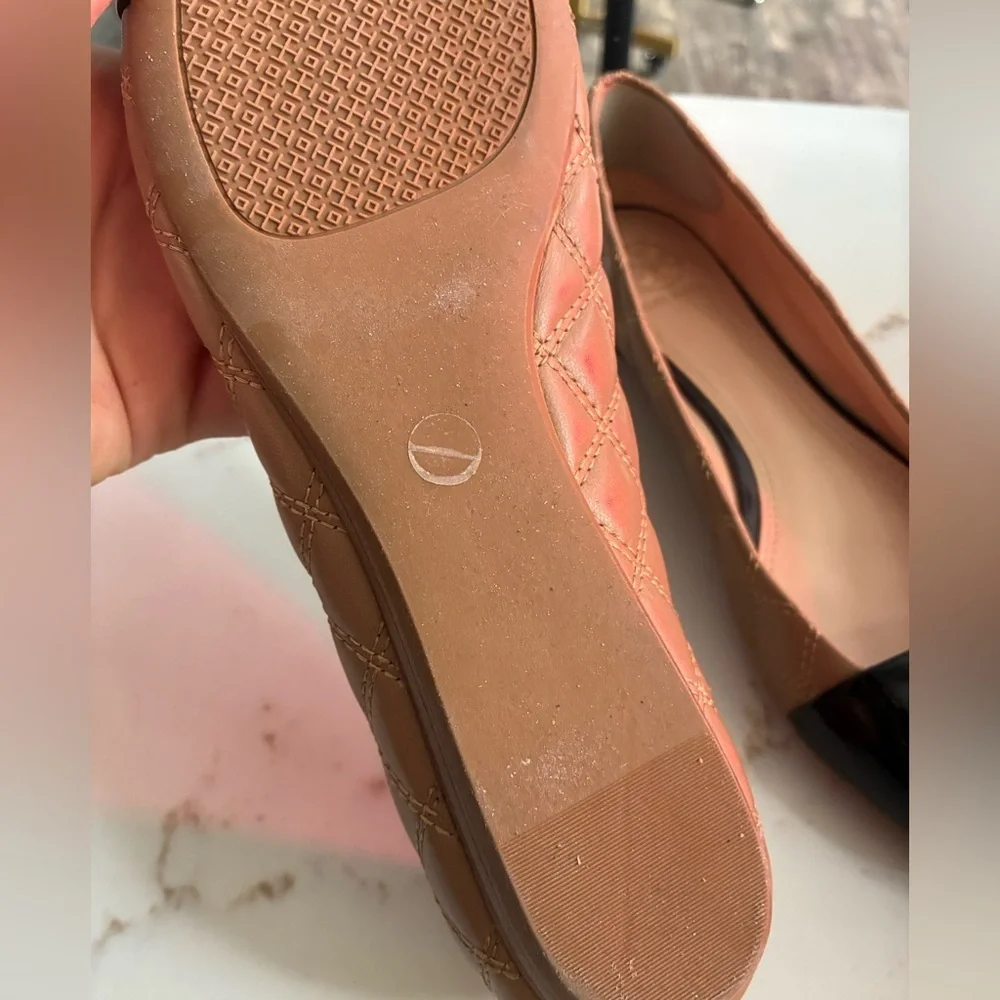 Tory Burch tan ballet flats with black patent leather cap size 9.5
